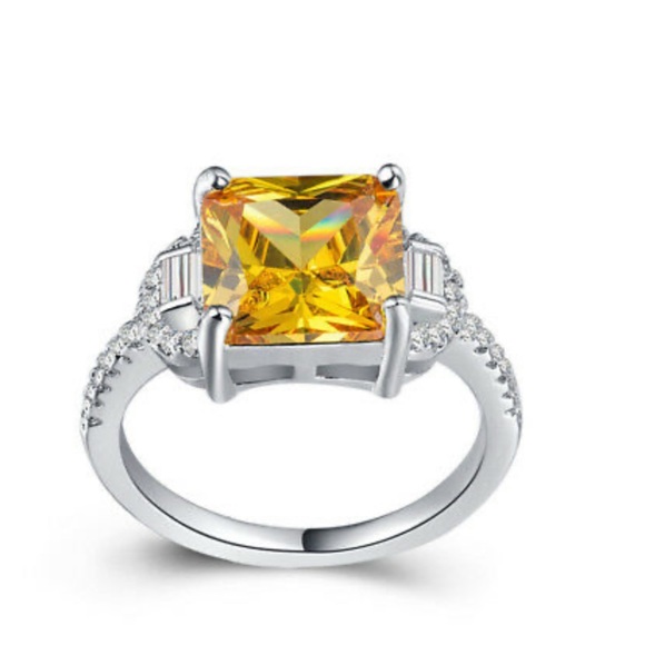 New 925 Silver Princess Cut Citrine Ring Size 6-10 - Picture 4 of 5
